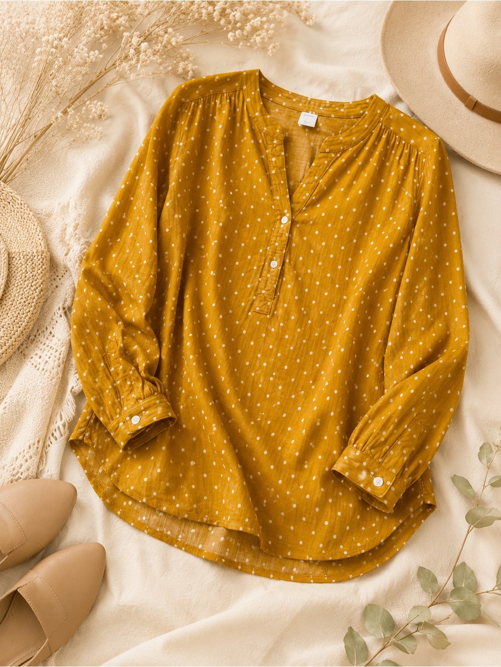 Old Navy Mustard Yellow Polka Dot Blouse Size Large Lightweight Boho Top